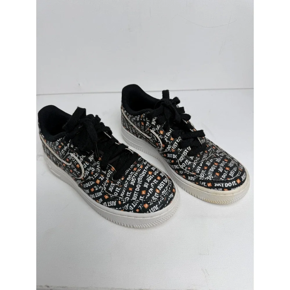 Nike Air Force 1 Low Kids 3.5Y Black Orange Leather Just Do It Print Sneakers